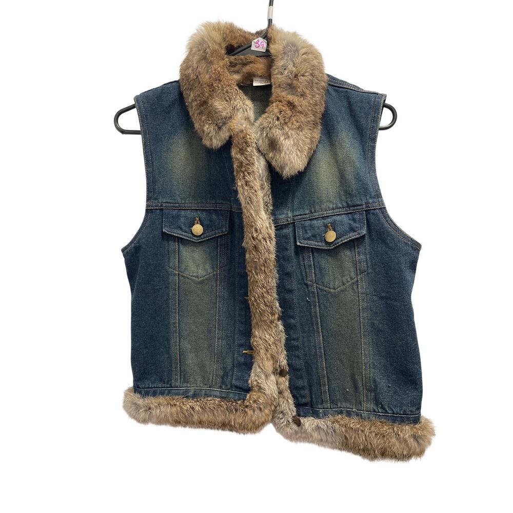 Cejon Vintage Denim Vest M Genuine Rabbit Fur Trim Western Boho Y2K Jean Jacket